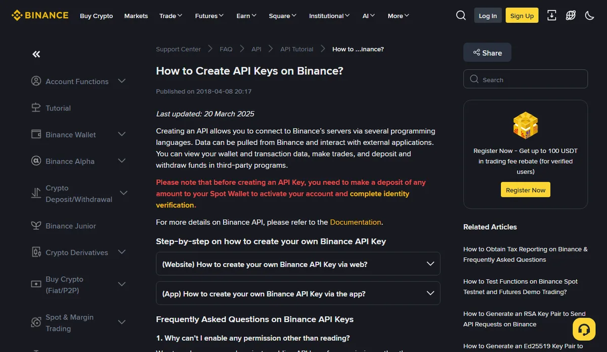 Binance тусламжийн төвийн англи хэл дээрх “How to Create API Keys on Binance?” нийтийн хуудас: Last updated 2025 оны 3-р сарын 20, Spot Wallet-д цэнэглэж KYC хийх тухай улаан тэмдэглэл, түгээмэл асуултын 1-р асуулт “Why can’t I enable any permission other than reading?”