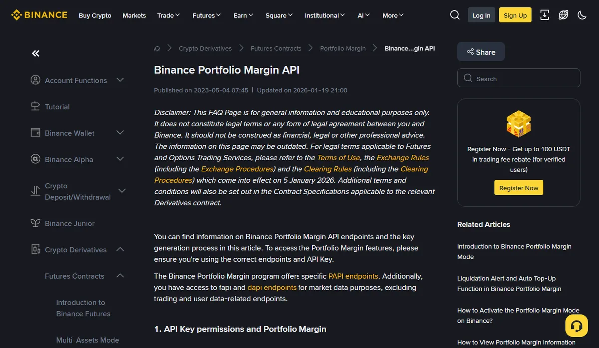 Binance тусламжийн төвийн англи хэл дээрх “Binance Portfolio Margin API” нийтийн хуудас: шинэчилсэн огноо, fapi ба dapi интерфэйсийг зөвхөн зах зээлийн мэдээлэлд хязгаарласан догол мөр, API түлхүүрийн эрхийн тухай 1-р хэсгийн эхлэл