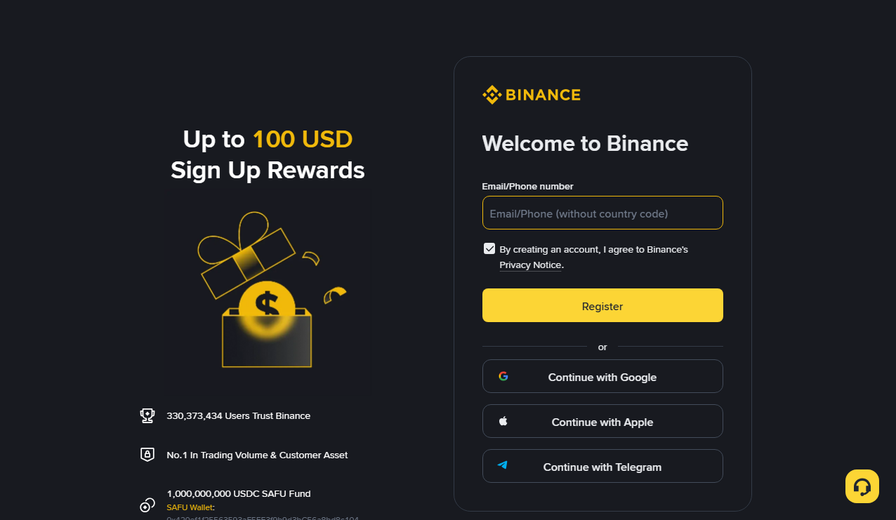 Binance 英文公开注册页,显示邮箱或手机号输入框及注册按钮,未填写个人信息