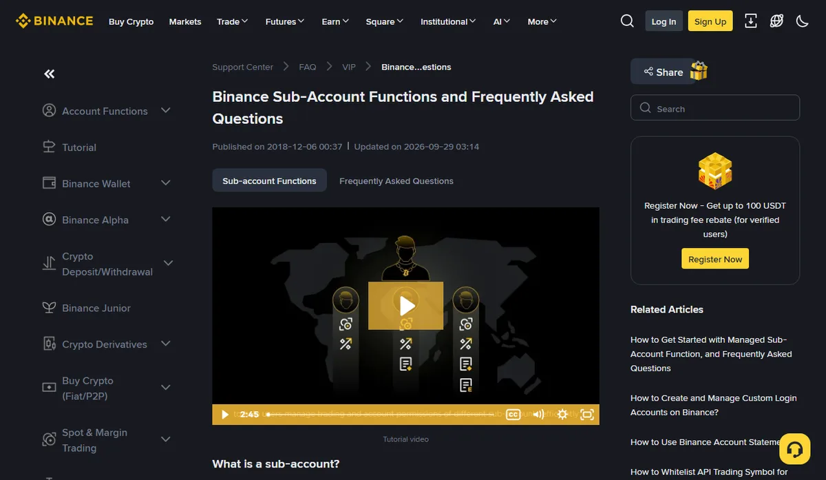 Top of Binance’s public Help Center page Binance Sub-Account Functions and Frequently Asked Questions, showing the published and updated dates, the Sub-account Functions and Frequently Asked Questions tabs, and a related article about whitelisting API trading symbols