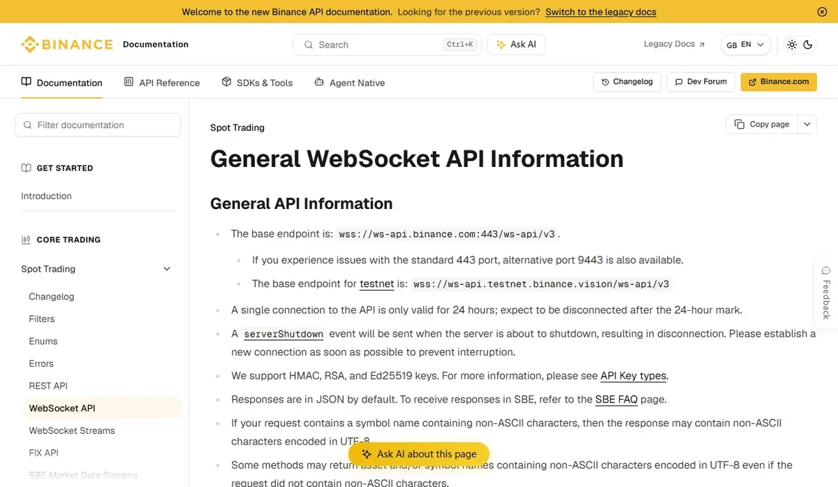 English version of the Binance developer documentation page General WebSocket API Information, listing the base endpoint wss://ws-api.binance.com:443/ws-api/v3, the rule that a single connection is only valid for 24 hours, and the serverShutdown event